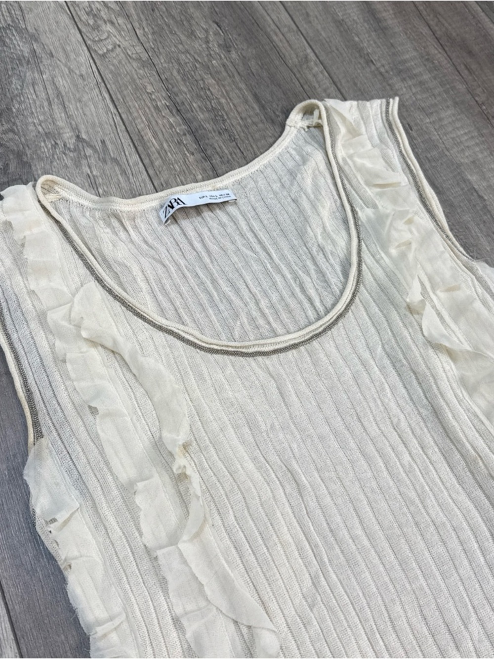 Zara Cream Ruffle-Trim Ribbed Tank Top - Picture 2 of 5